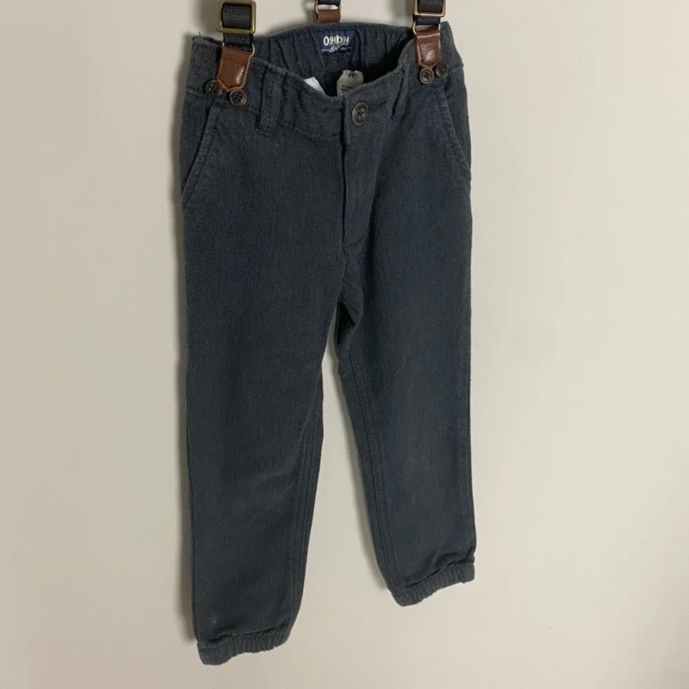 OshKosh B'gosh Herringbone Suspender Jogger Pants Boys 4T Gray Detachable Straps
